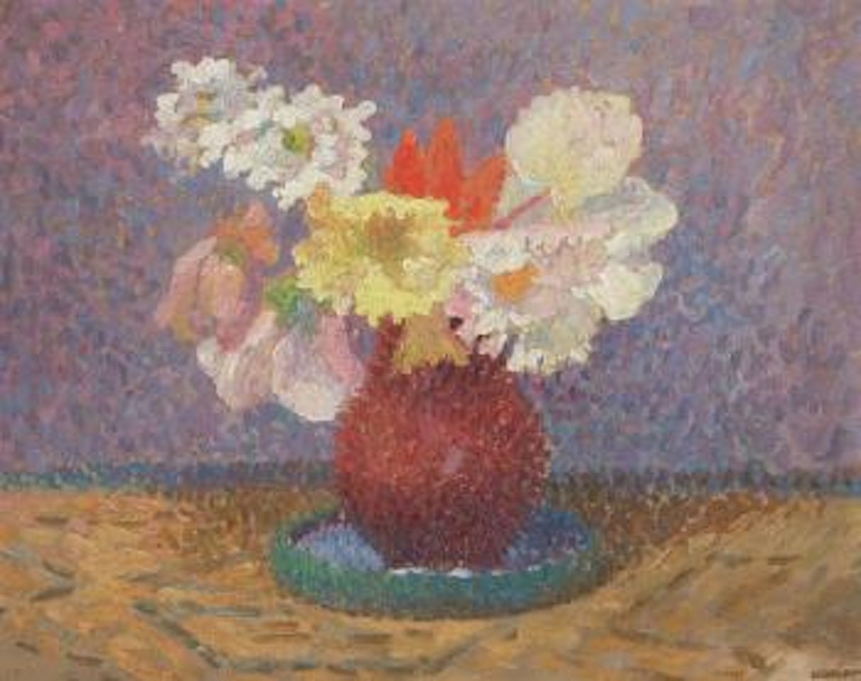 Bouquet de fleurs dans un vase rond et rouge by Henri Jean Guillaume Martin