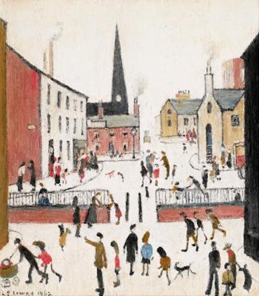 Figures With Church And Bollards by Laurence Stephen Lowry