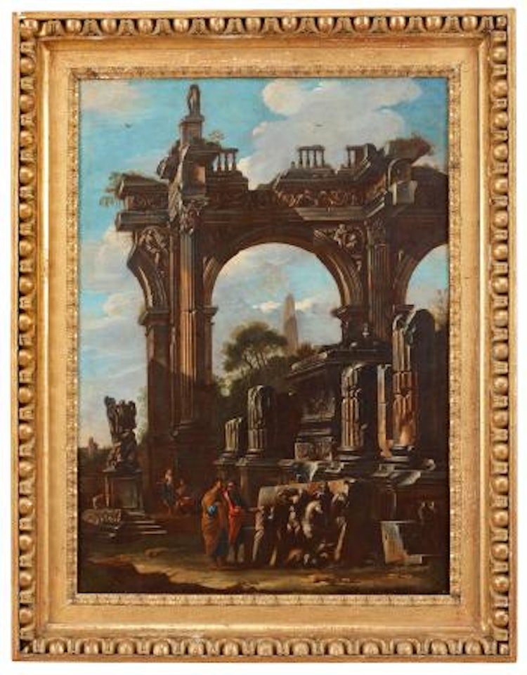 Capriccio med ruiner och figurstaffage by Giovanni Ghisolfi