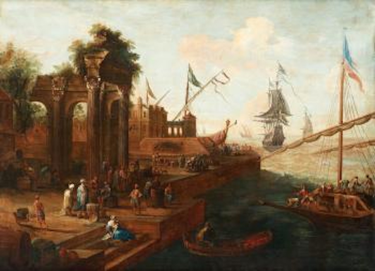 Sydländsk hamnbild med figurer och fartyg by Abraham Storck