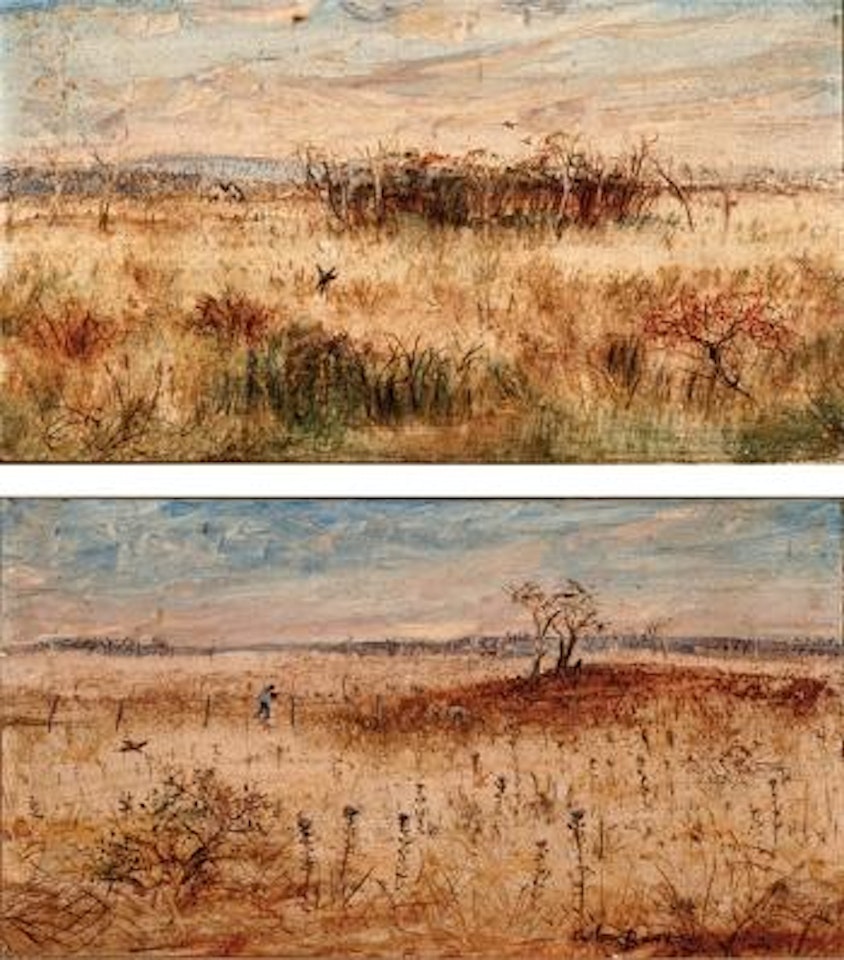 Farmer in wheat-field. Wheat-field with building by Arthur Merric Bloomfield Boyd