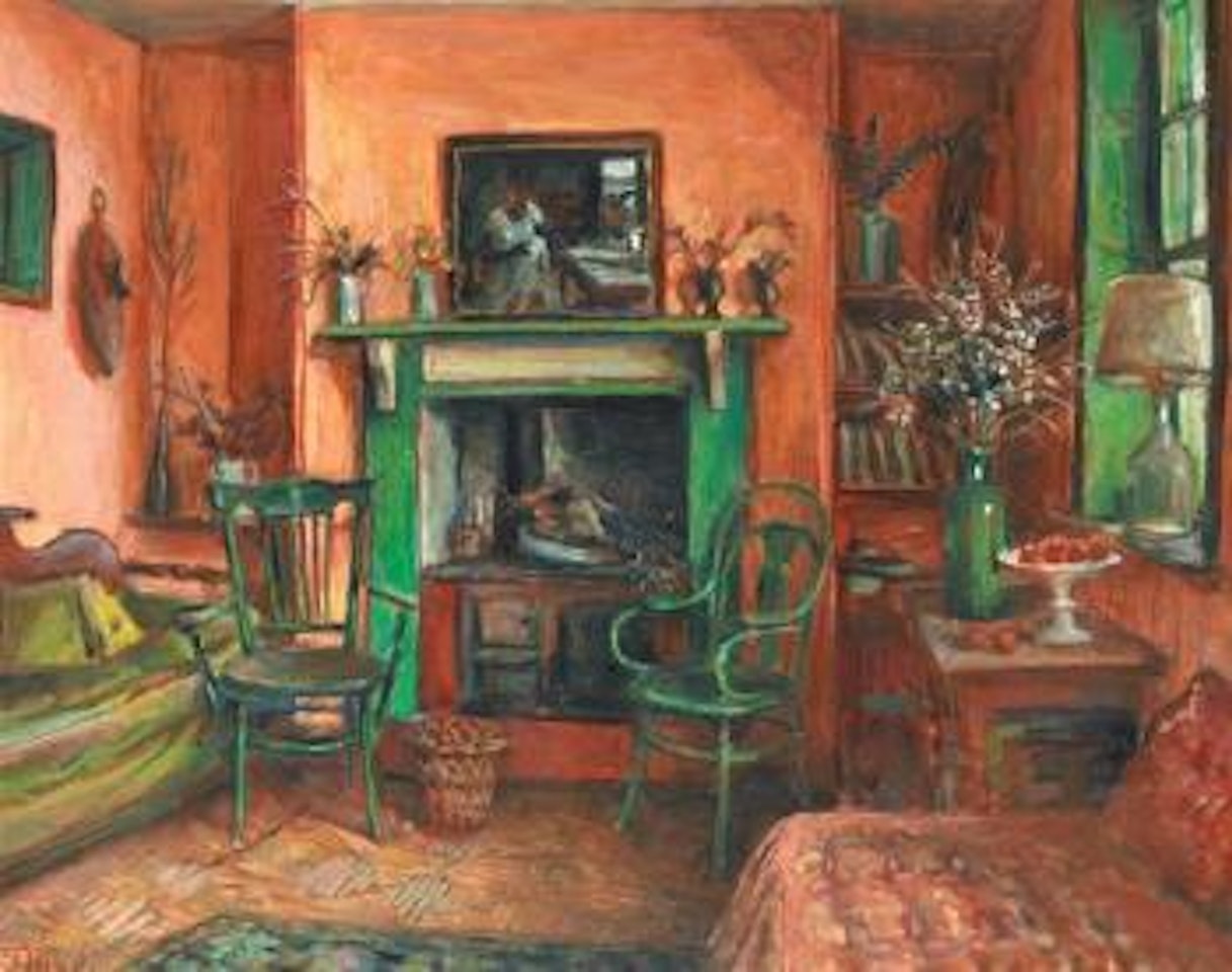 Interior with green fireplace by Margaret Hannah Olley