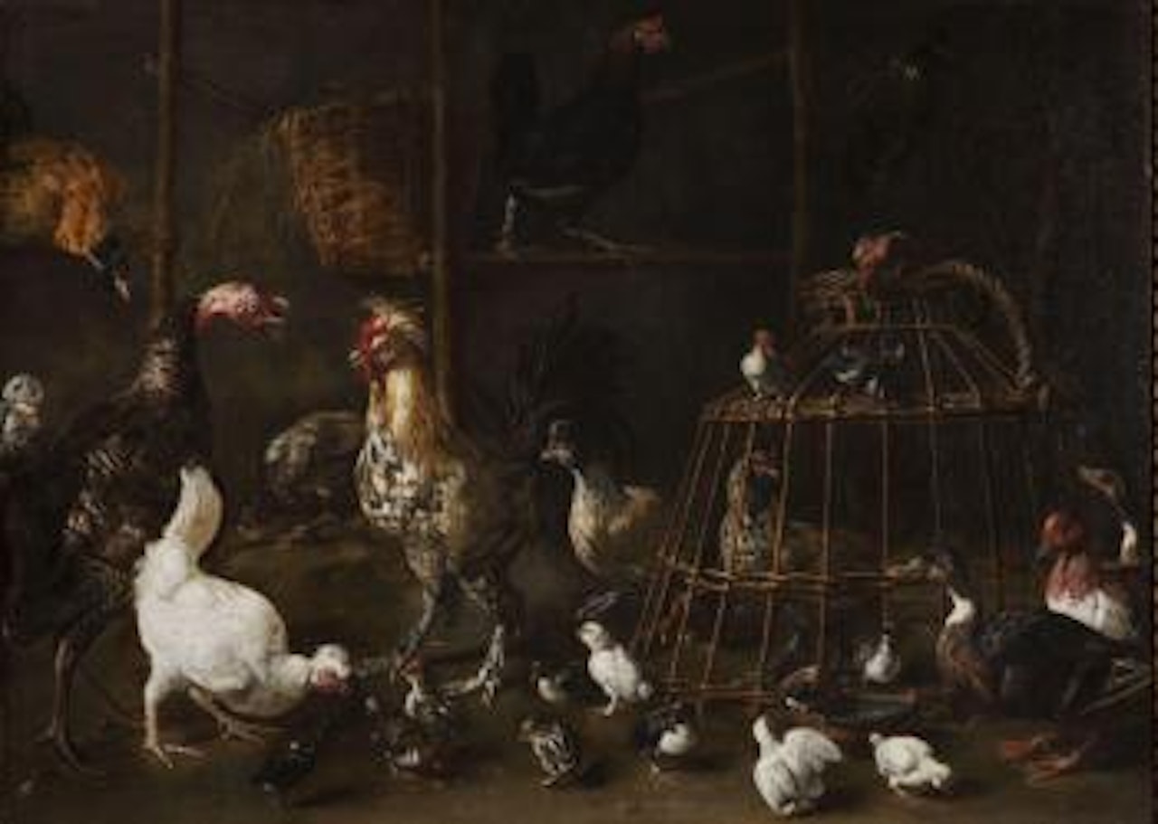 A barn interior with a turkey, a bantam cockerel, a pheasant and numerous other ornamental fowl by Adriaen van Utrecht