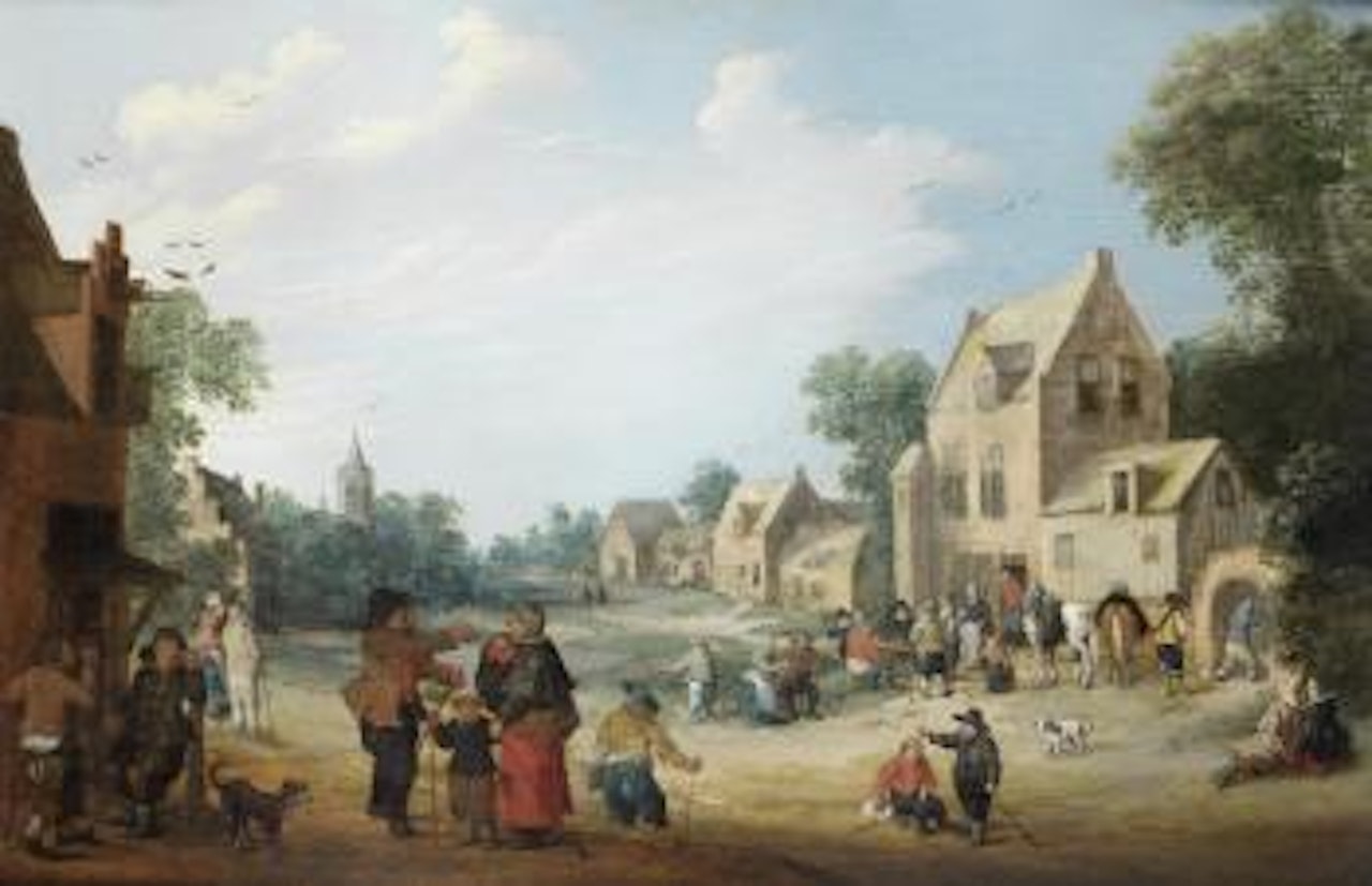 A village with figures gathered outside an inn by Joost Cornelisz Droochsloot