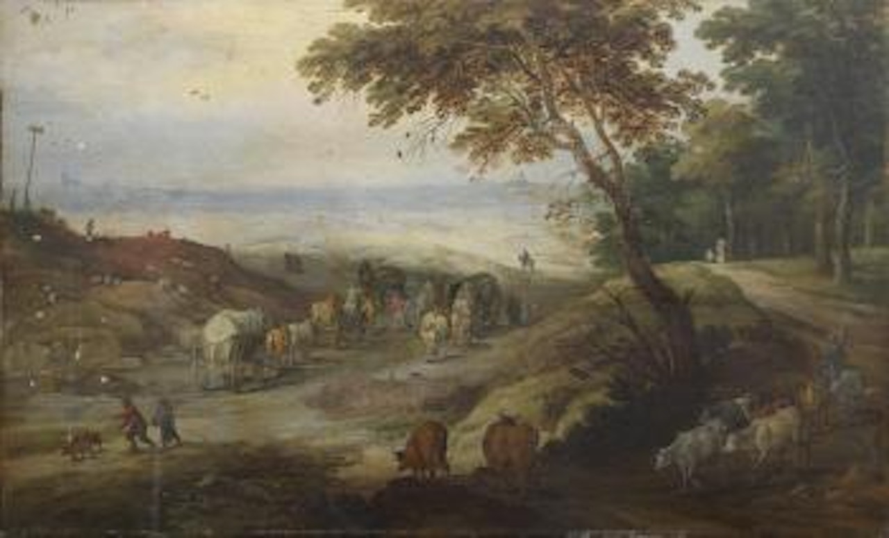 A country path with several wagons and other travellers on foot, a cowherd and his livestock leaving a woodland track in the foreground and an extensive landscape with two distant towns beyond by Jan Brueghel by Joos de Momper the Younger