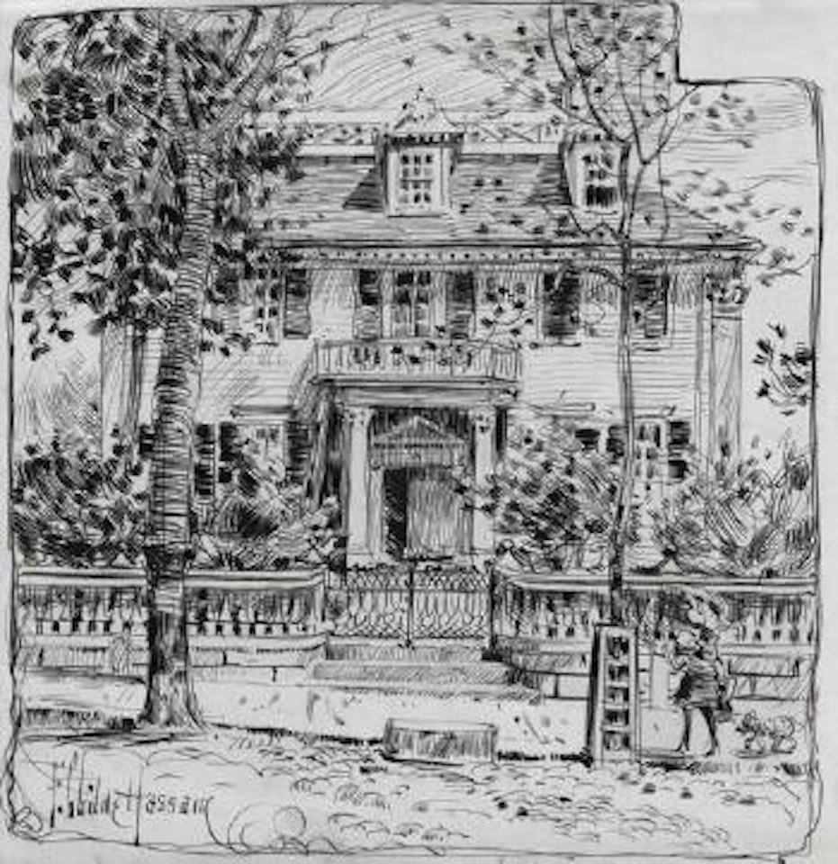 Frame house with a woman and a dog by Childe Hassam