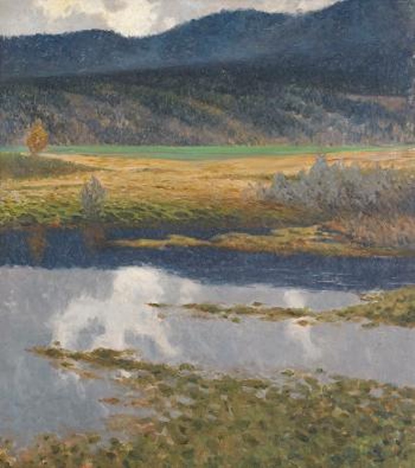 Landskap med vattendrag och berg i bakgrunden by Gustaf Fjaestad
