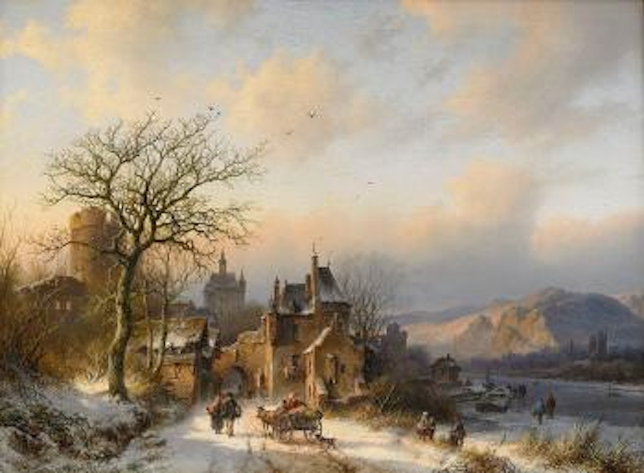 Vinterlandskap med byggnad by Barend Cornelis Koekkoek