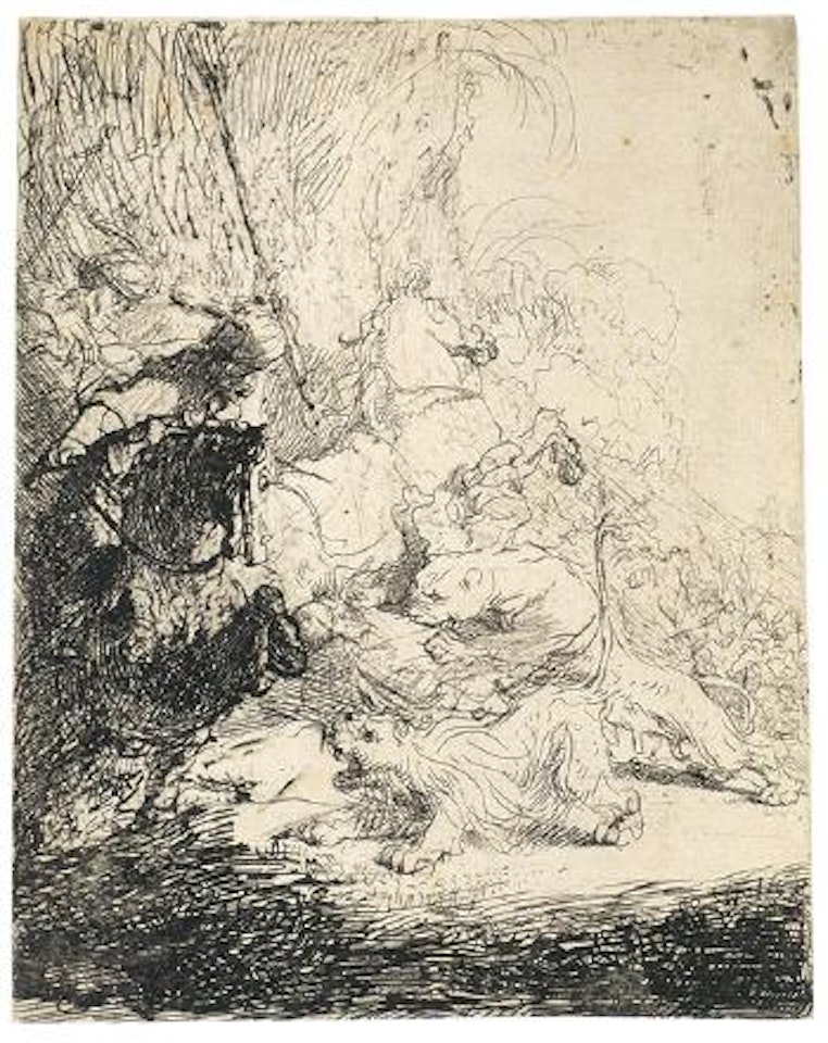 Die kleine Löwenjagd, mit zwei Löwen by Attributed to Rembrandt Harmensz van Rijn