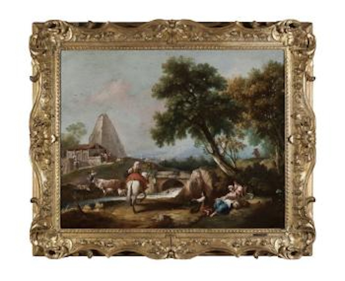 Paysage italien avec personnages au bord d’un chemin, rivière, petit pont et pyramide. Paysage idéal avec bergers et pêcheur près d’un grand arbre, rivière, village et cavaliers by Francesco Zuccarelli