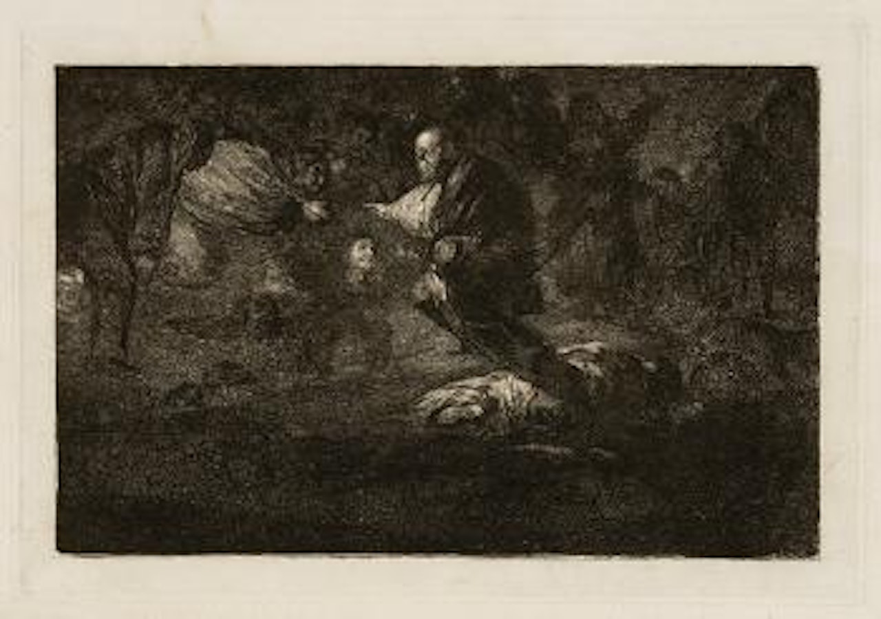 Dios los cria y ellos se juntan - God created them and they join up together - Aus einem finsteren Grunde tritt ein mit langen Tüchern bedeckter Greis heraus by Francisco José de Goya