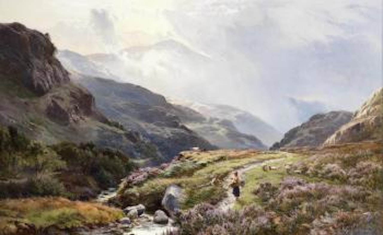 Mountainous landscape with figures by Sidney Richard Percy