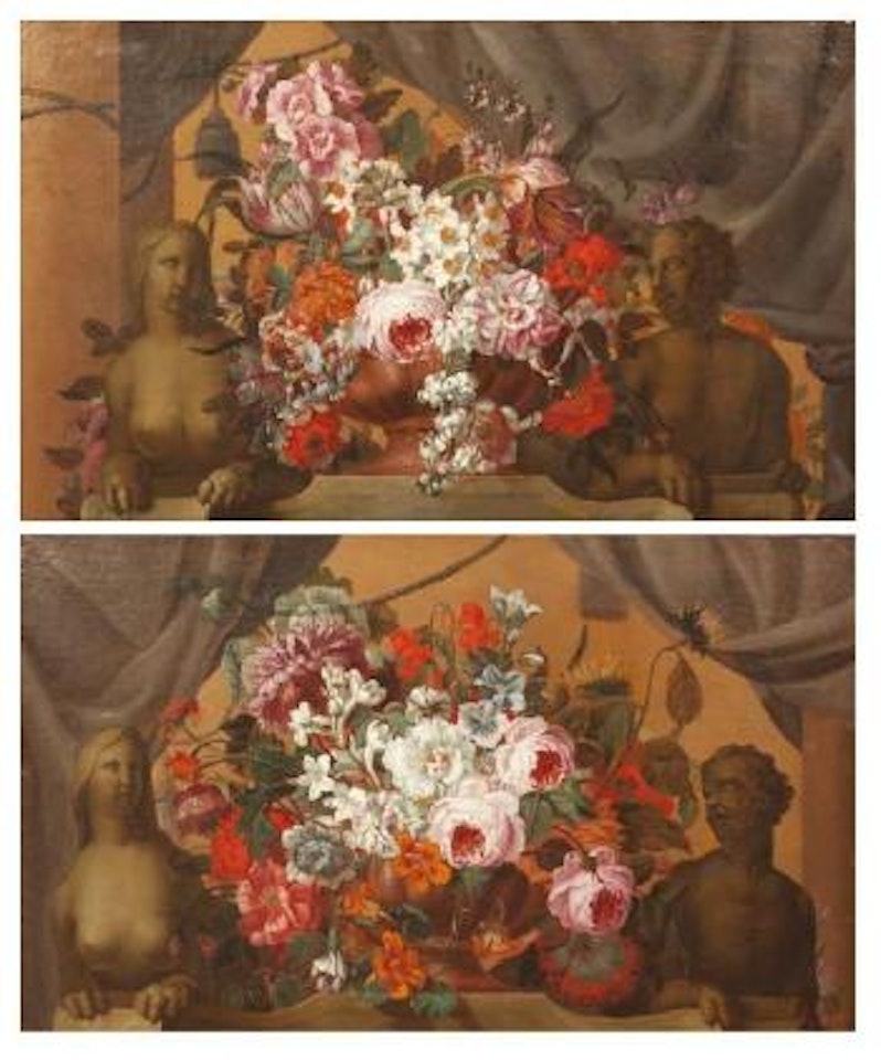 Compositions florales dans des vases de pierre entourés d'un Sphinx et d'une Sphinge by English School