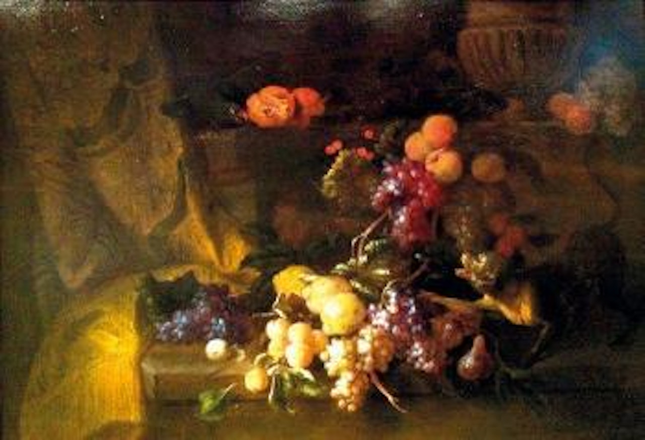 Singe et perroquet se querellant autour de fruits posés sur une margelle de pierre by Jan Pauwel Gillemans