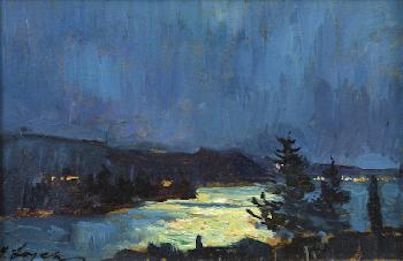 Vue de la côte méditerranéenne illuminée la nuit by Georgij Aleksandrovic Lapschin