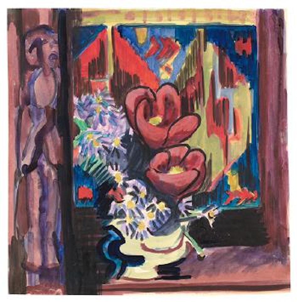 Blumen in Vase mit Skulptur - Auf dem Wildboden by Ernst Ludwig Kirchner