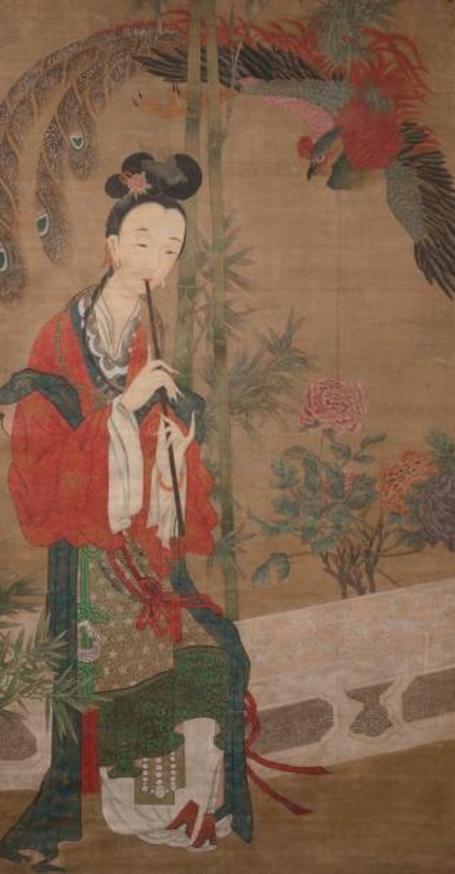 Jeune femme, jouant de la flute devant des bambous et des pivoines épanouies by Chinese School