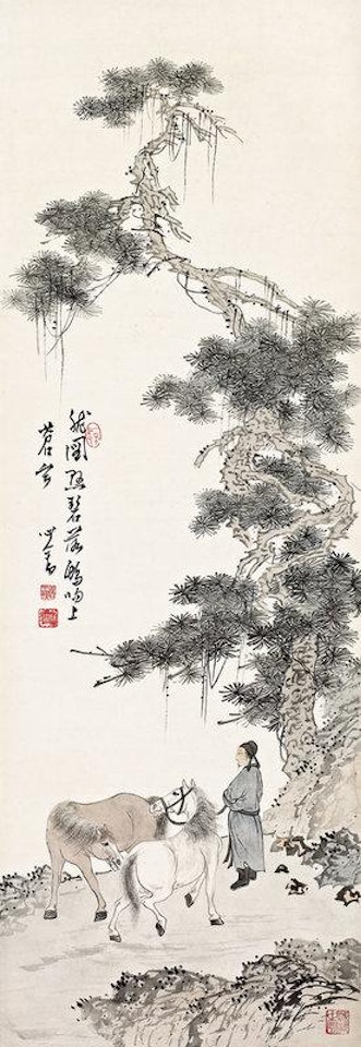 Two horses and wrangler by Pu Ru