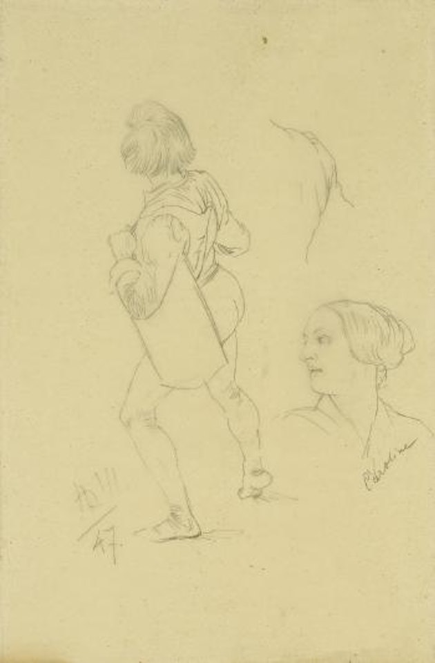 Studienblatt mit einem Knaben in Rückenansicht und einem Frauenbildnis by Adolph Menzel