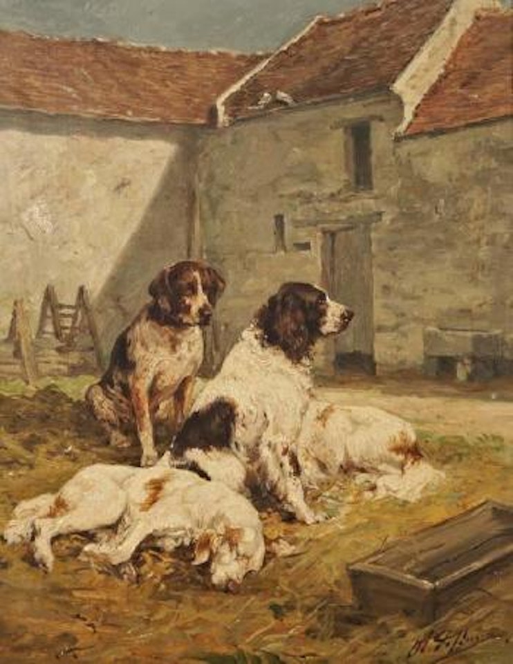 Chiens au repos dans la cour de ferme by Olivier de Penne