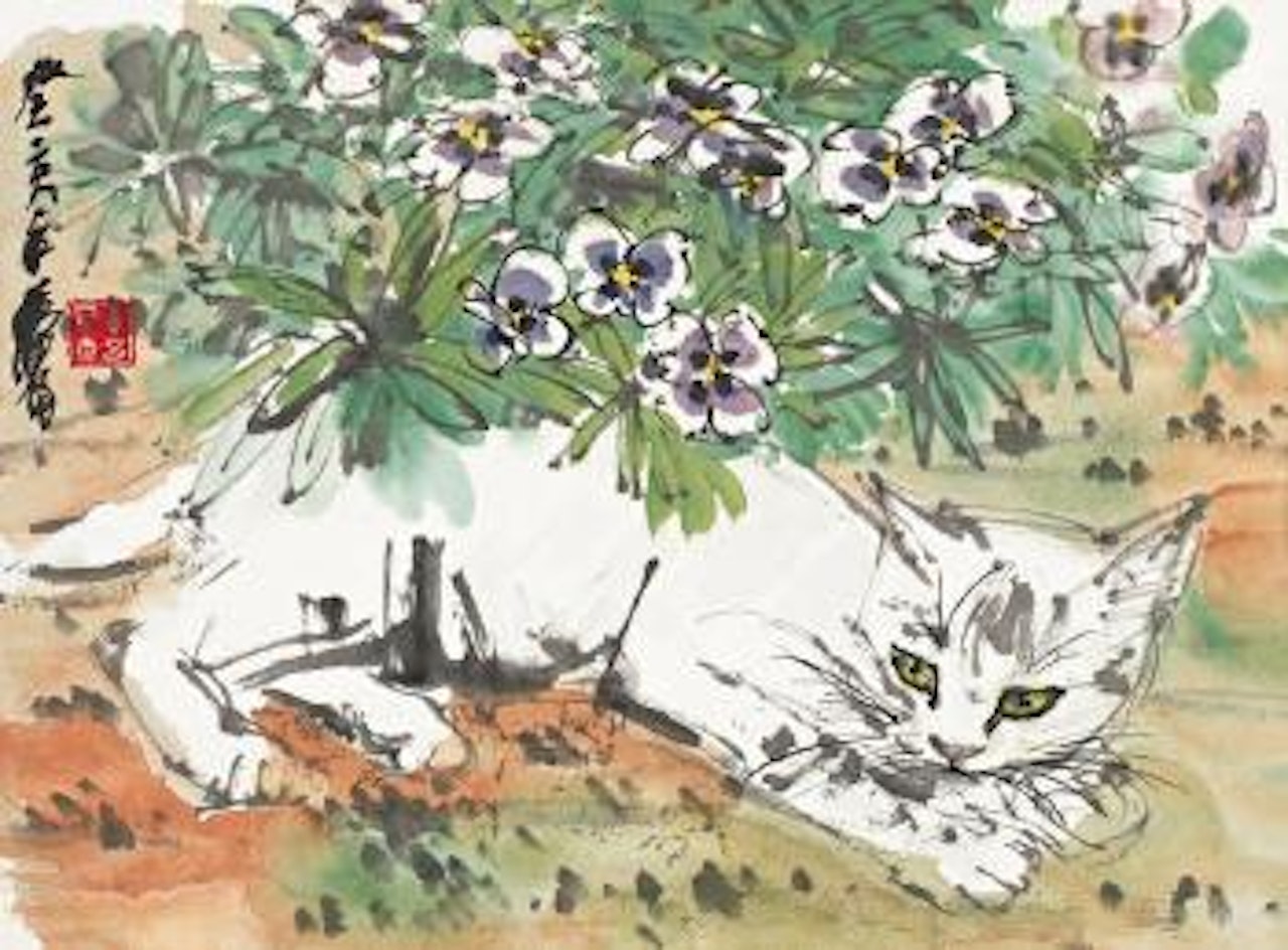 Flower and cat by Huang Zhou