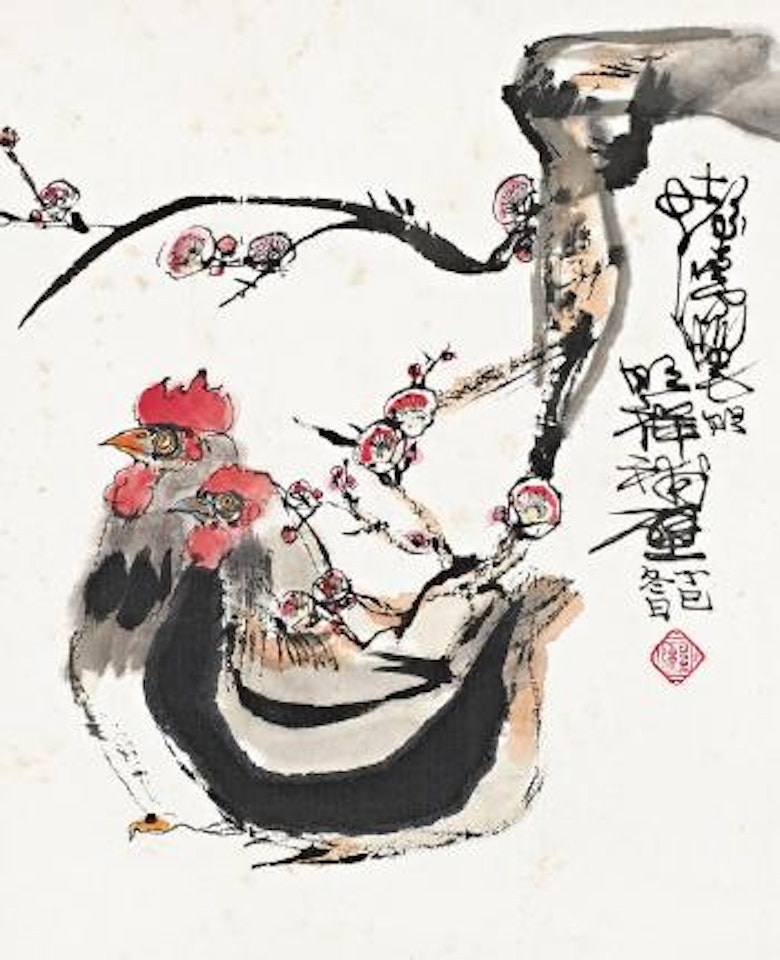 Red plum and two chickens by Cheng Shifa