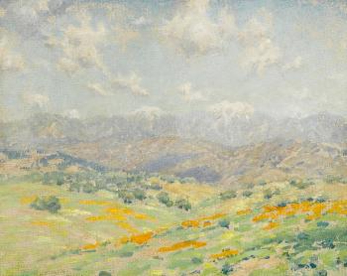 Fields of wildflowers with the San Gabriel Mountains beyond by Granville Redmond