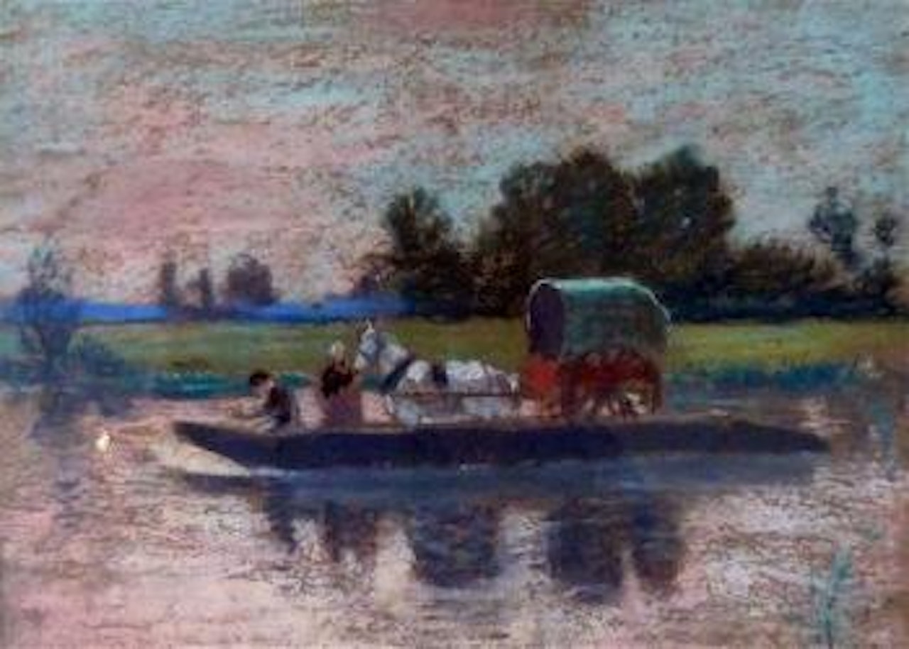 River landscape with horse-drawn cart by Léon Augustin Lhermitte