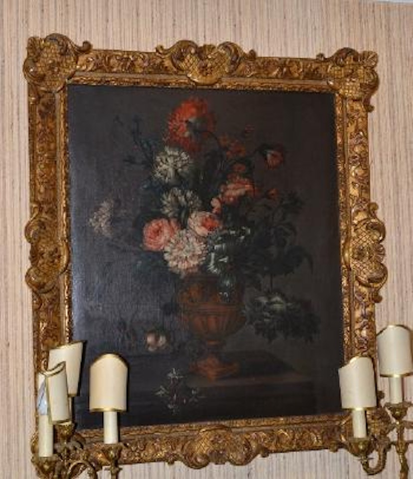 Still life of carnations and other flowers in a stone urn by Pieter Hardime