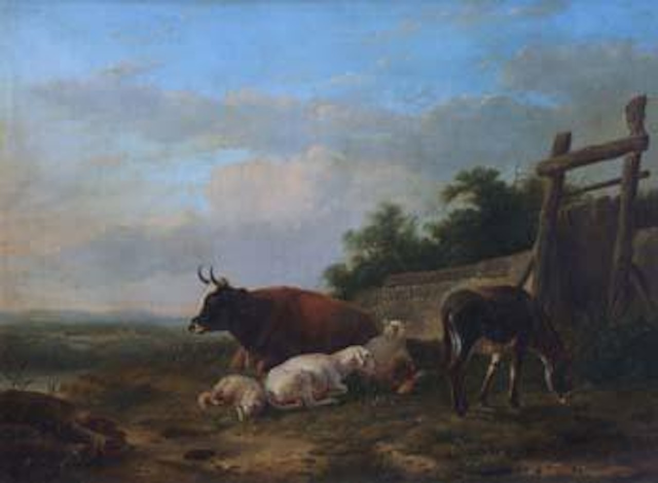 Sheep, goats and a donkey in a rural landscape by Eugène Joseph Verboeckhoven
