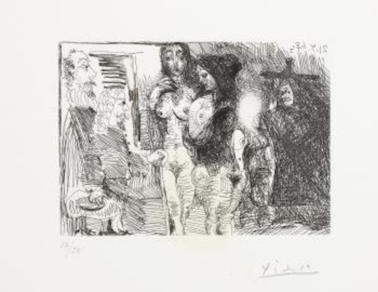 La Celestine Presentant Ses Deux Pensionnaires a Deux Clients; from Series 347 (Bloch 1581; Baer 1597) by Pablo Picasso