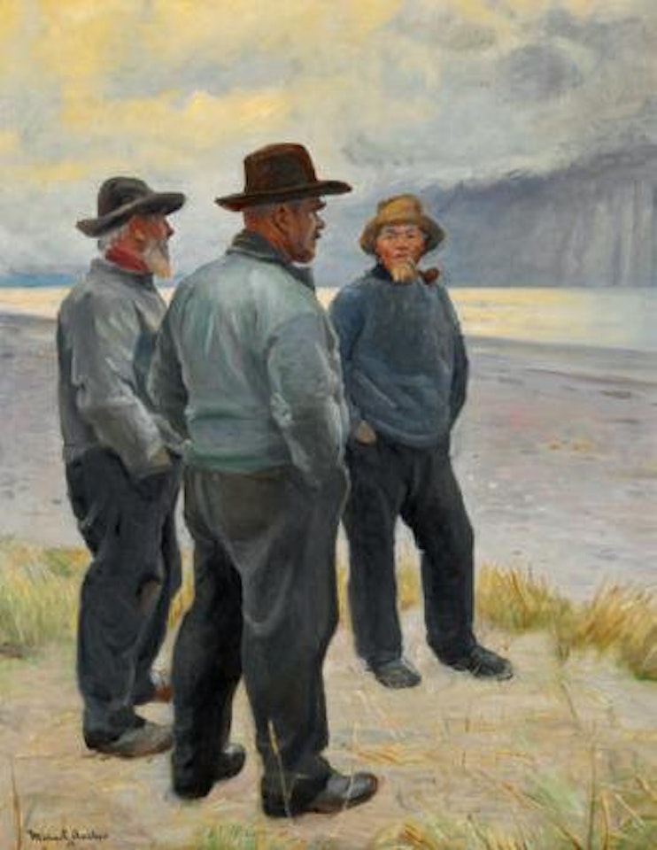 Three fishermen on Skagen beach by Michael Ancher