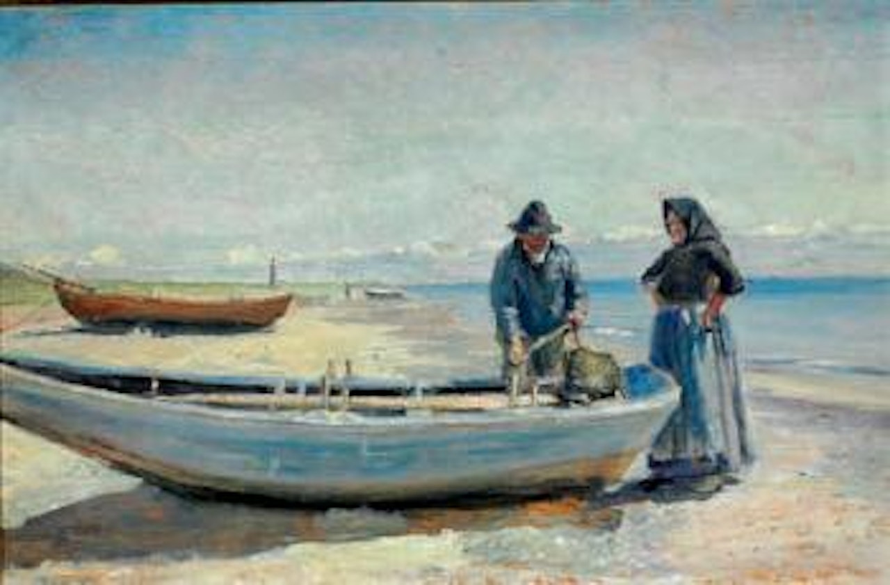 A fisherman and his wife on Skagen Sønderstrand, in the background the lighthouse by Michael Ancher