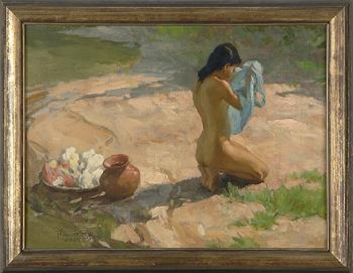 A young girl bathing by a river by Fernando Amorsolo