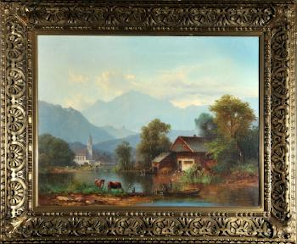 Bauerndorf am See vor Gebirge by Anton Doll