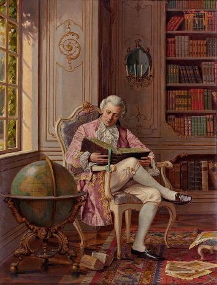 Lesender Gelehrter im Rokokohabit in einer Schlossbibliothek neben großem Globus by Alois Heinrich Priechenfried