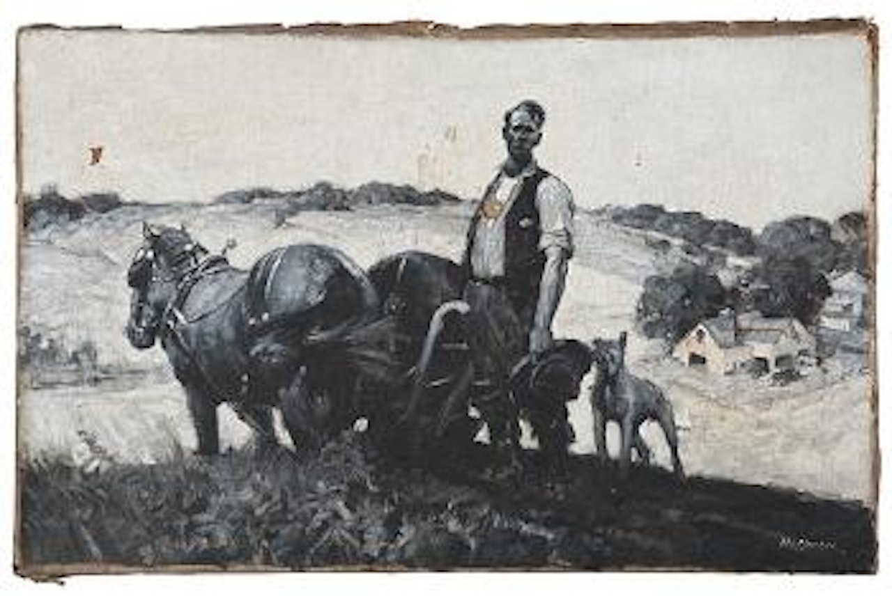 Homesteader with plow team, farm in background by Frank B. Hoffman