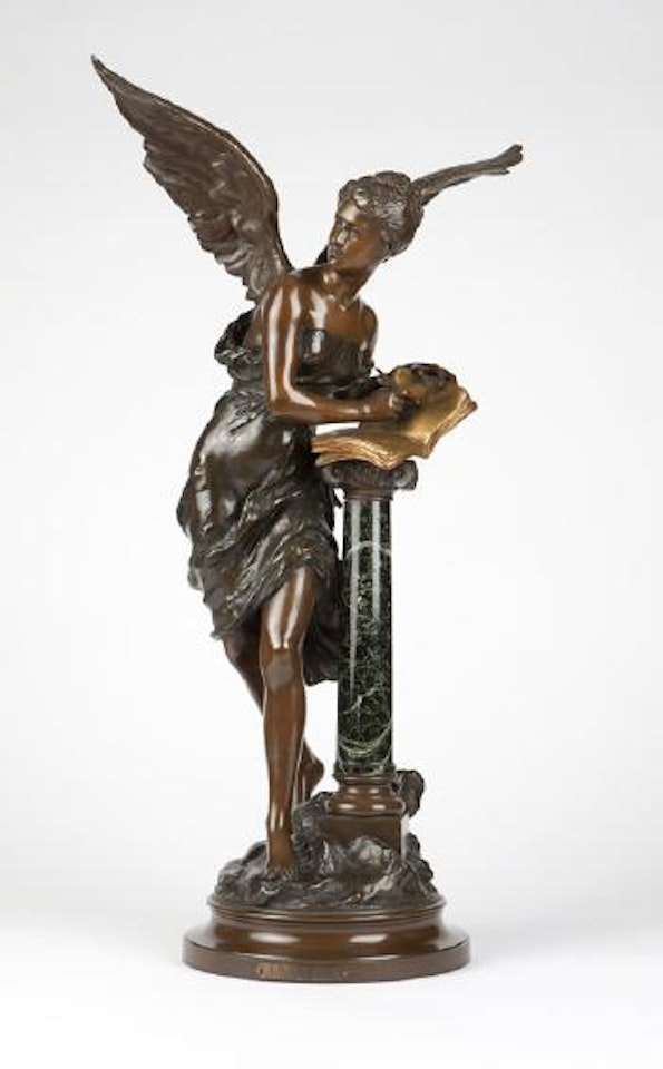 Winged female figure writing in a book on a pedestal by Mathurin Moreau