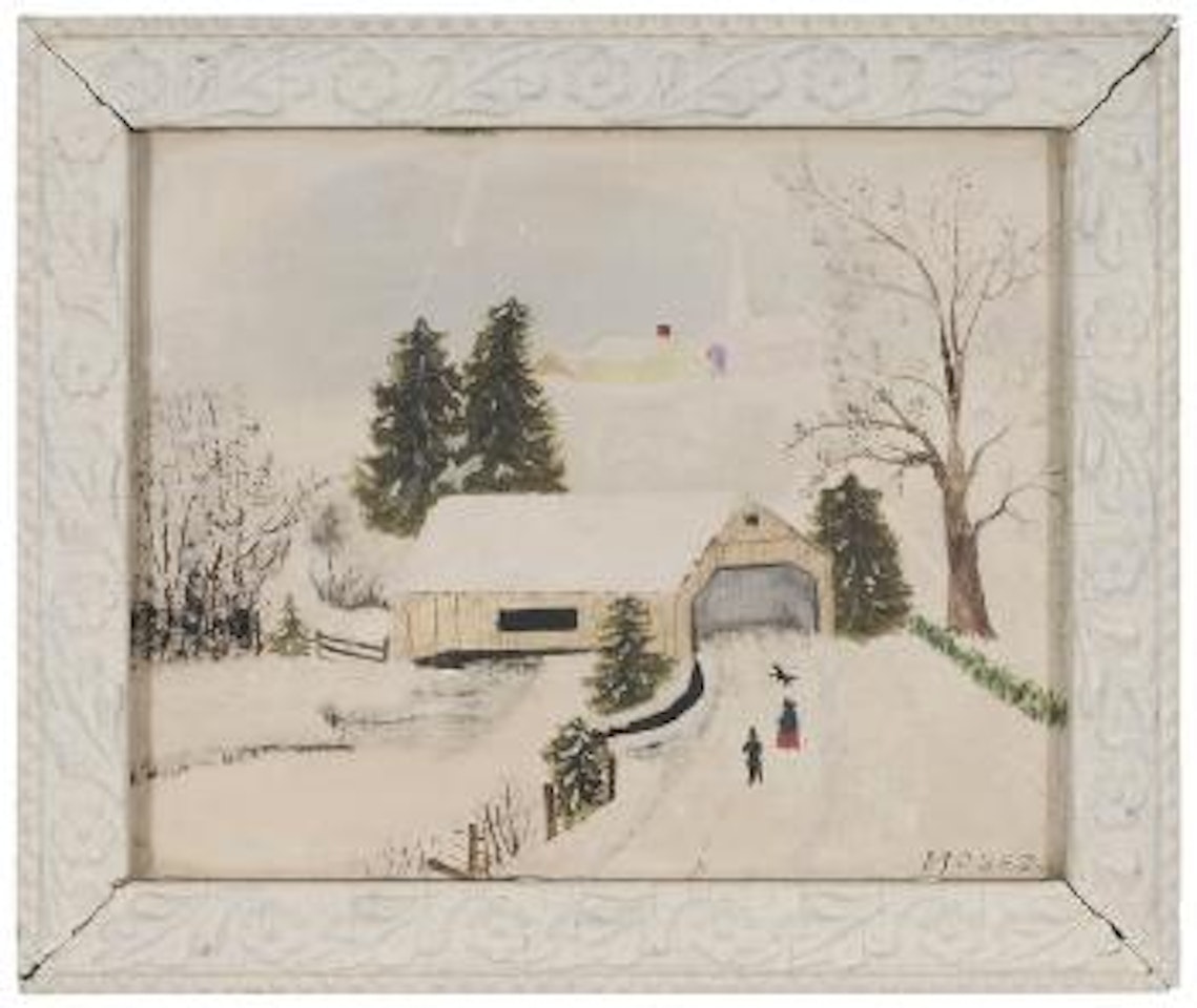Old covered bridge in winter by Grandma Moses