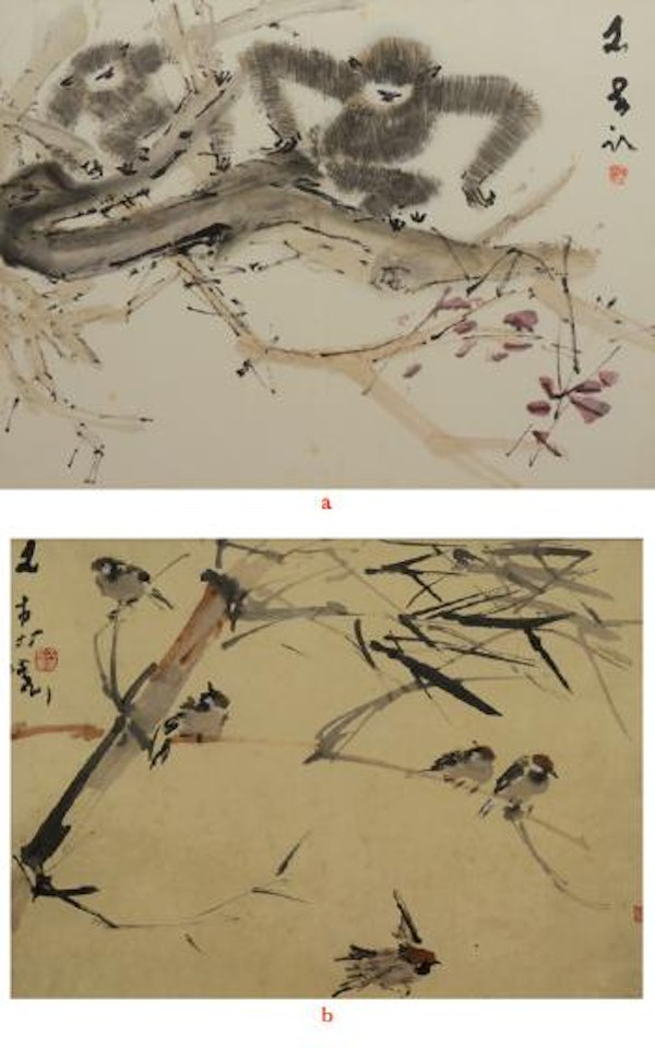Gibbons in wisterias. Birds and bamboo by Chen Wen Hsi