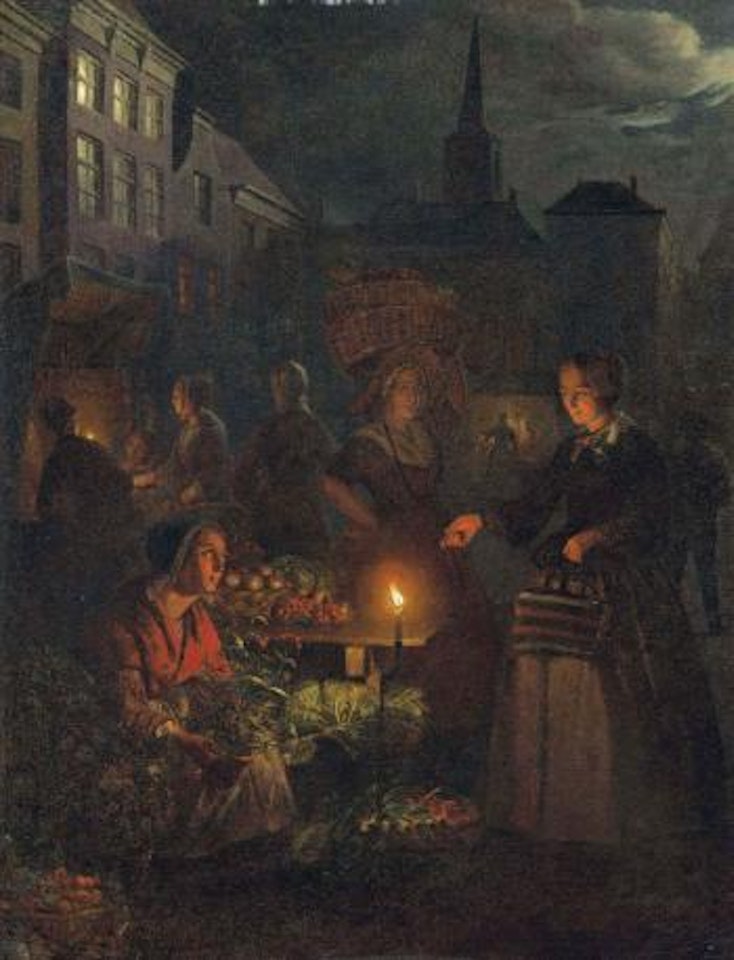 A moonlit vegetable market on De Grote Markt, The Hague by Petrus van Schendel