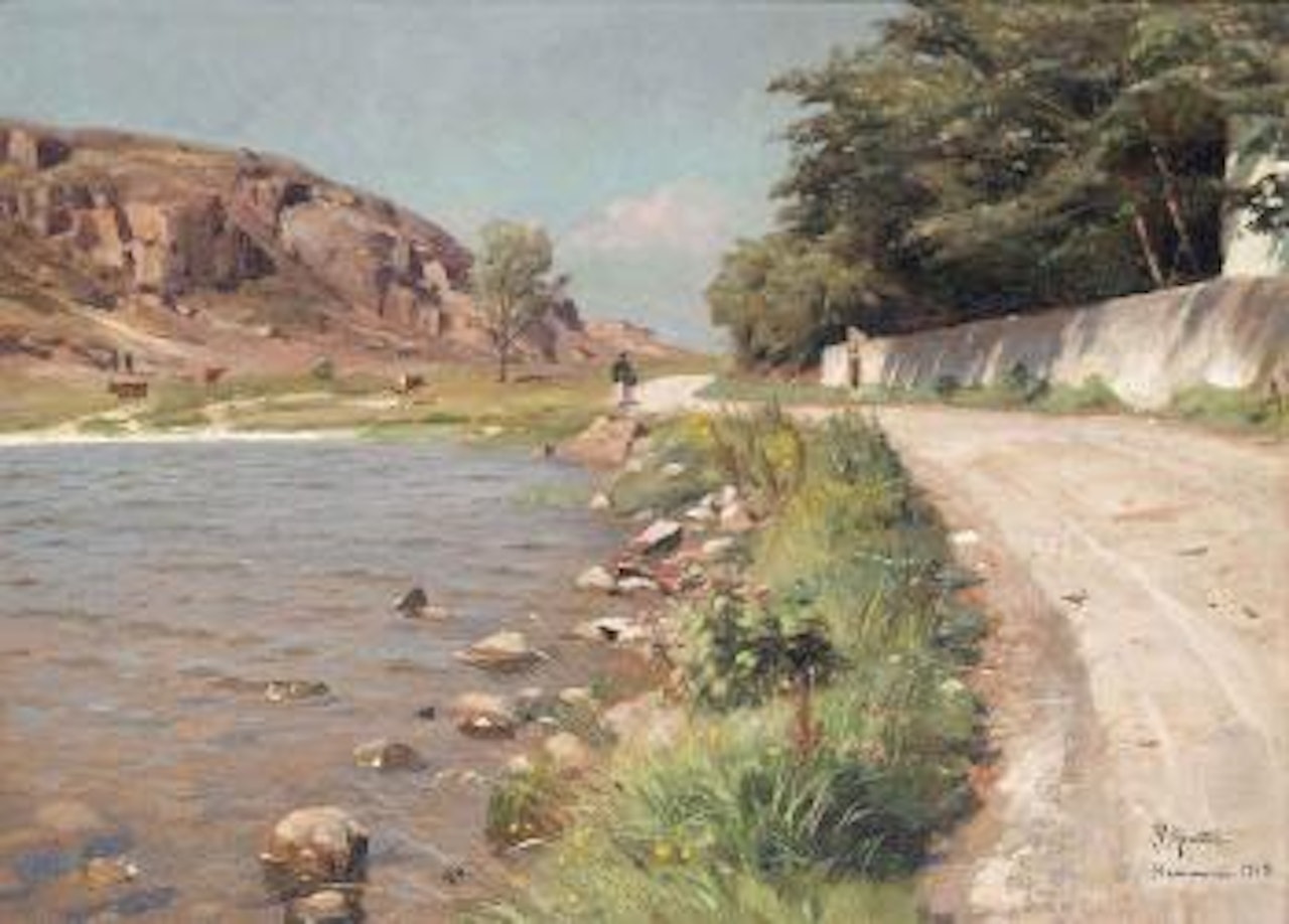 A lady taking a stroll by a lake, Hammerso by Peder Mork Monsted