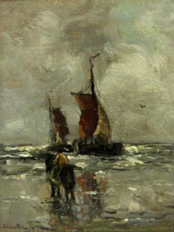 A horse and rider on a beach with two boats offshore by Gerhard Arij Ludwig Morgenstjerne Munthe