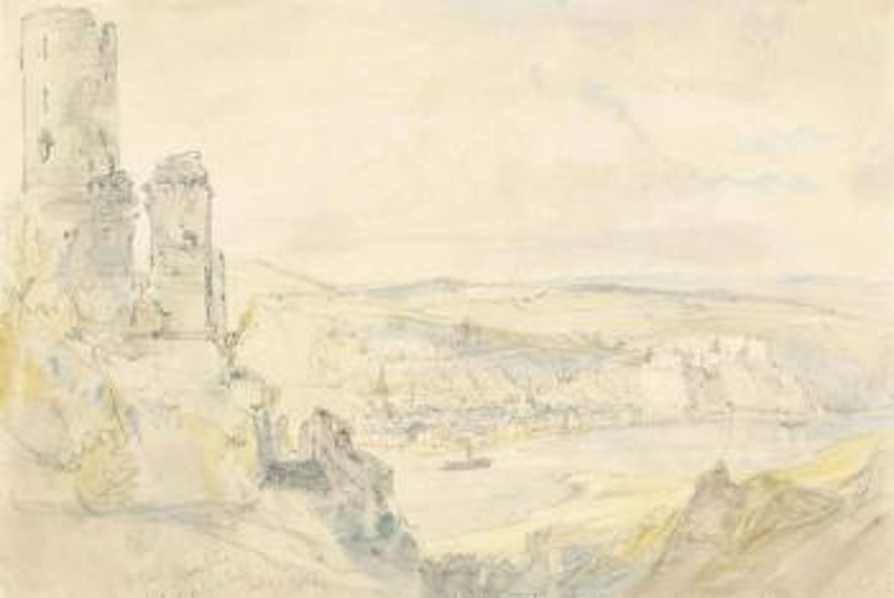 St Goar, Rheinfels, Germany; and The castled crag of Drachenfels and winding Rhine by William Callow