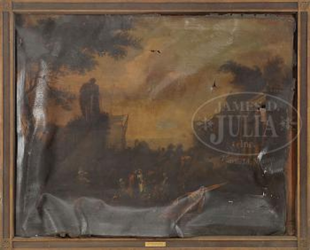 Classical landscape with buildings, statue and figures by Jean Baptiste Monnoyer