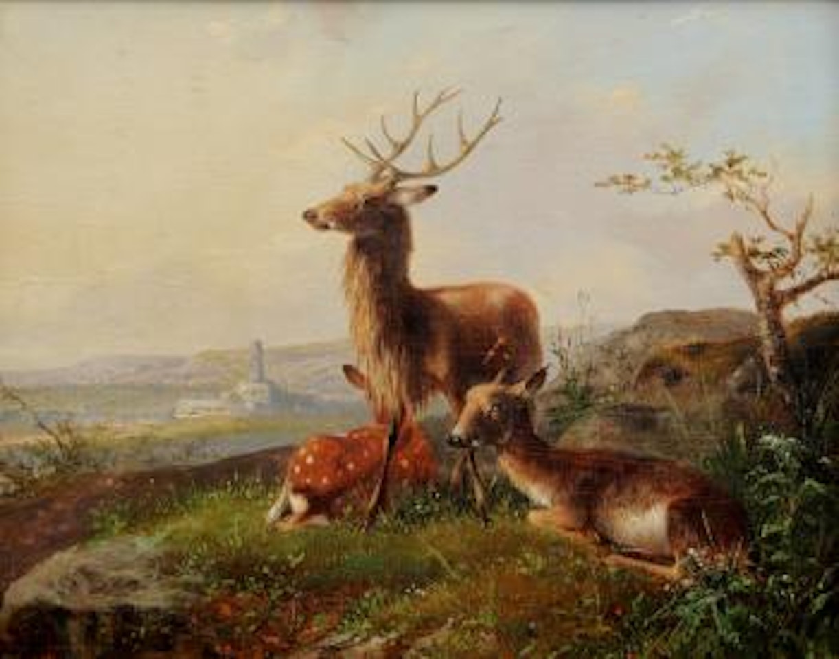 Deer family in a landscape by August Knip
