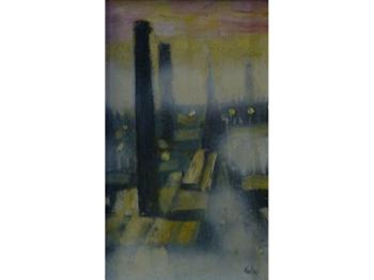 Industrial townscape with factory chimneys and sunset by Harold Riley
