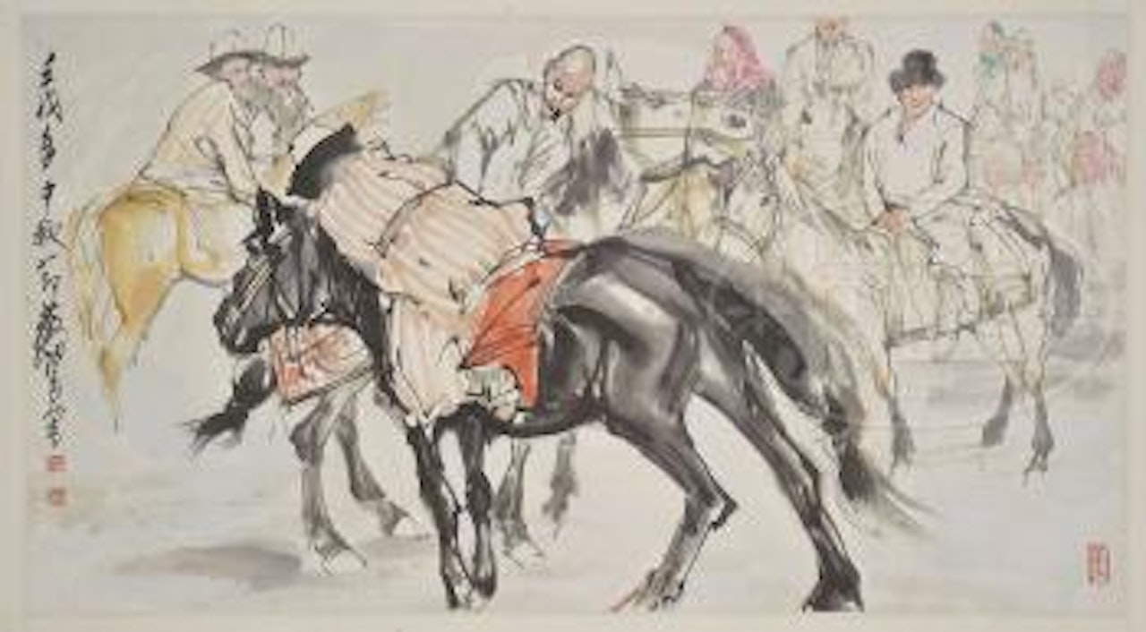 Uyghur people on horseback by Huang Zhou