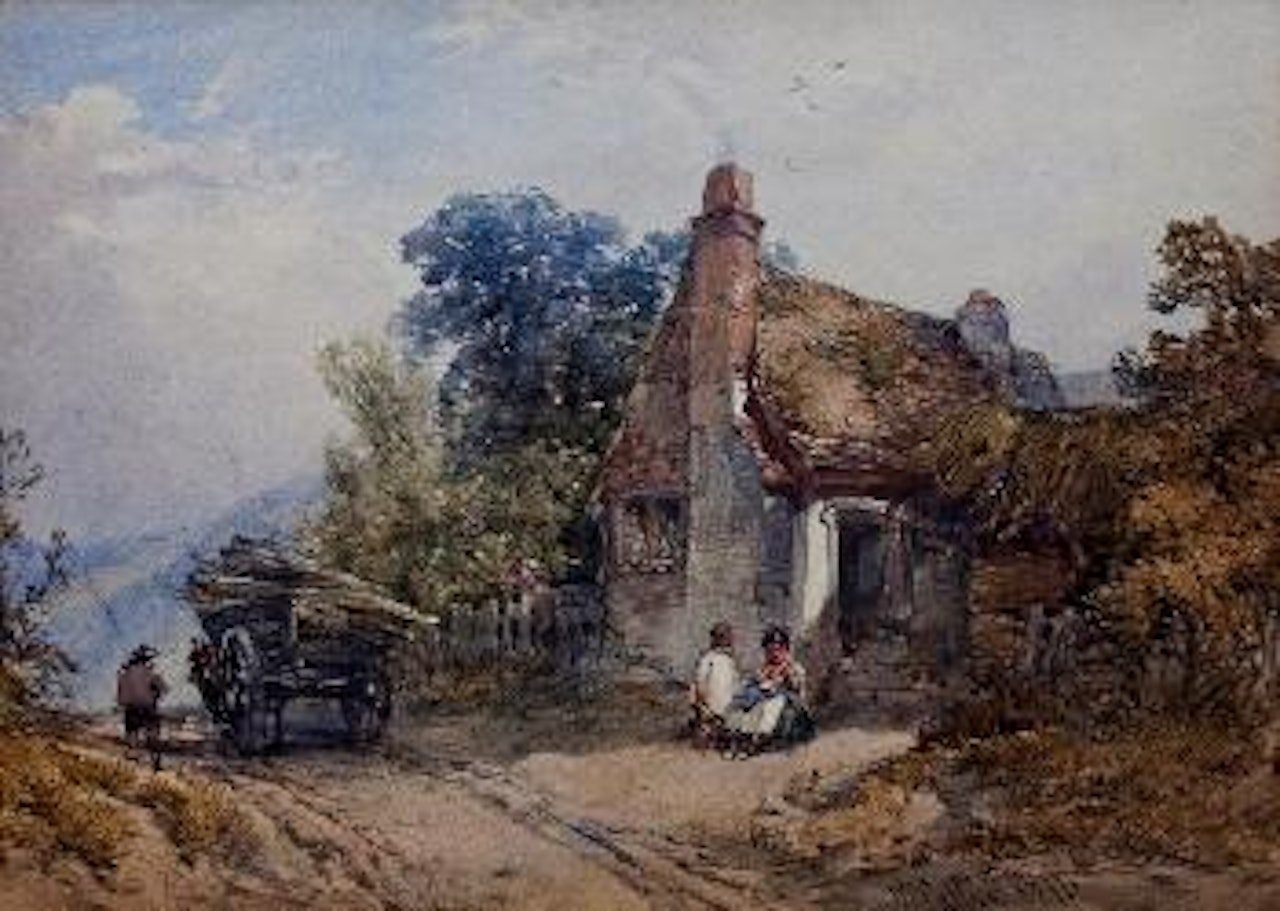 A horse and cart on a lane passing an old thatched cottage by William Callow