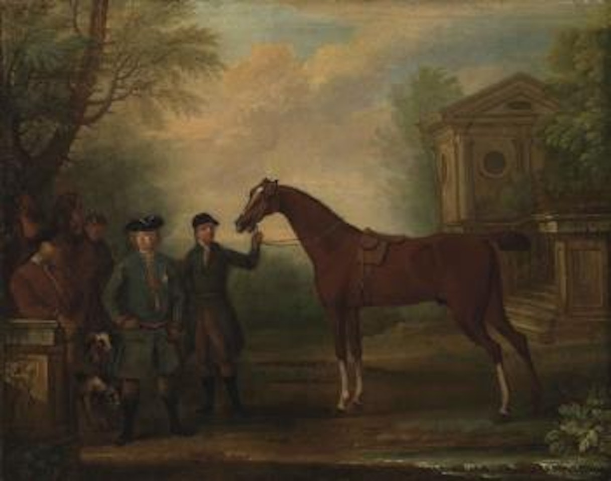 Sir Robert Walpole, 1st Earl of Orford (1676-1745), with a groom holding a bay hunter, other figures, horses and hounds, in a landscape, with a classical building beyond by John Wootton